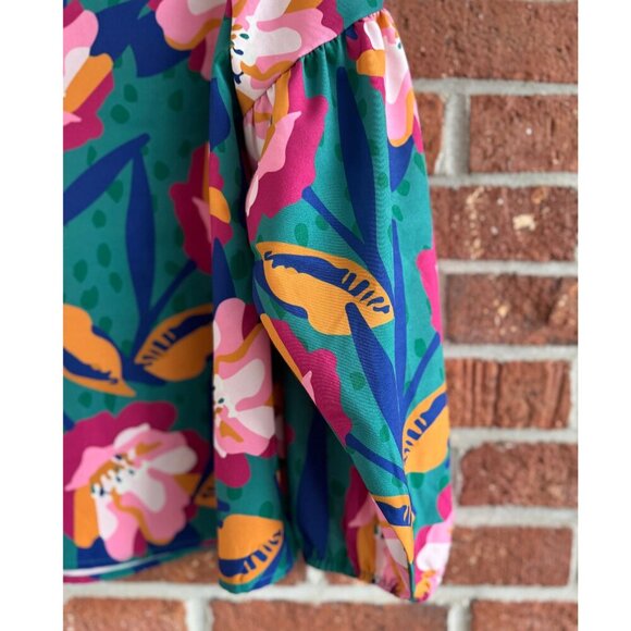 Michelle McDowell Floral Ruffle Blouse Green Pink Orange Long Sleeve M - Picture 3 of 8